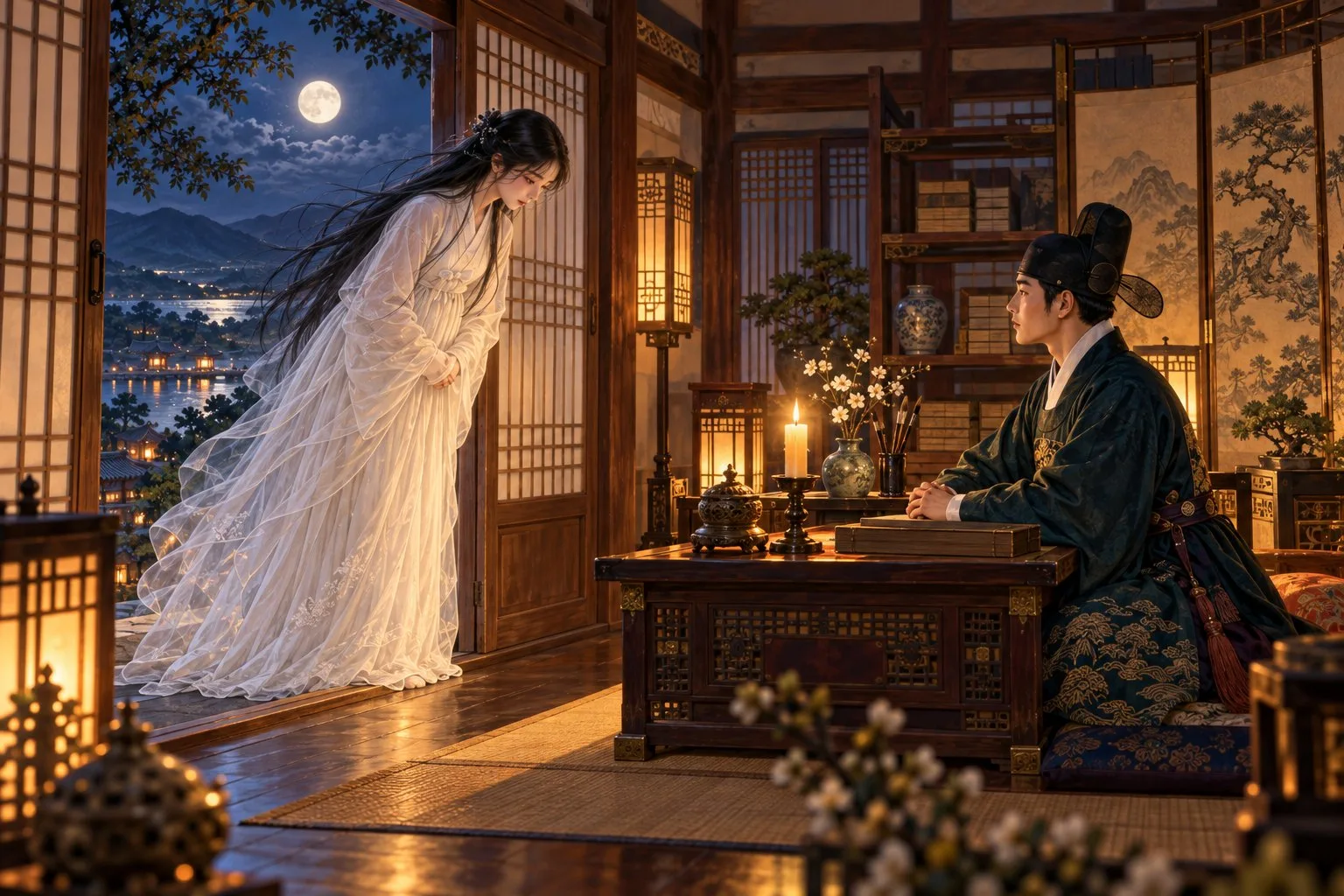 The ghost of Arang in white bows in the doorway of the magistrate's study as he sits at his desk by candlelight