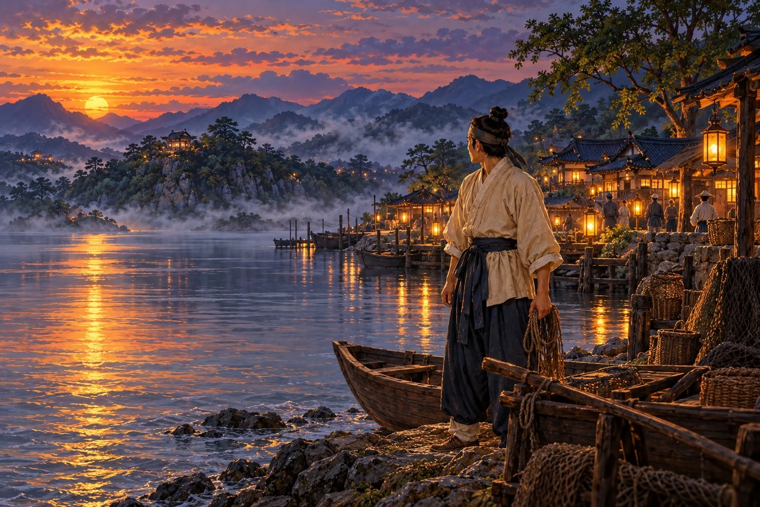 The young man stands alone on the riverbank by moored boats at sunset, looking back across the water