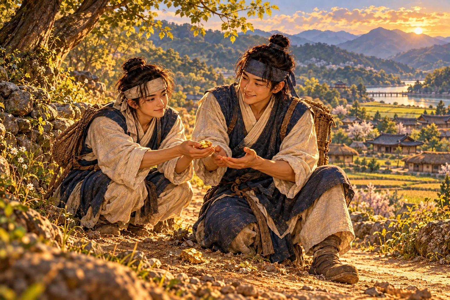 Two brothers kneel by a country road, one handing the other a lump of gold