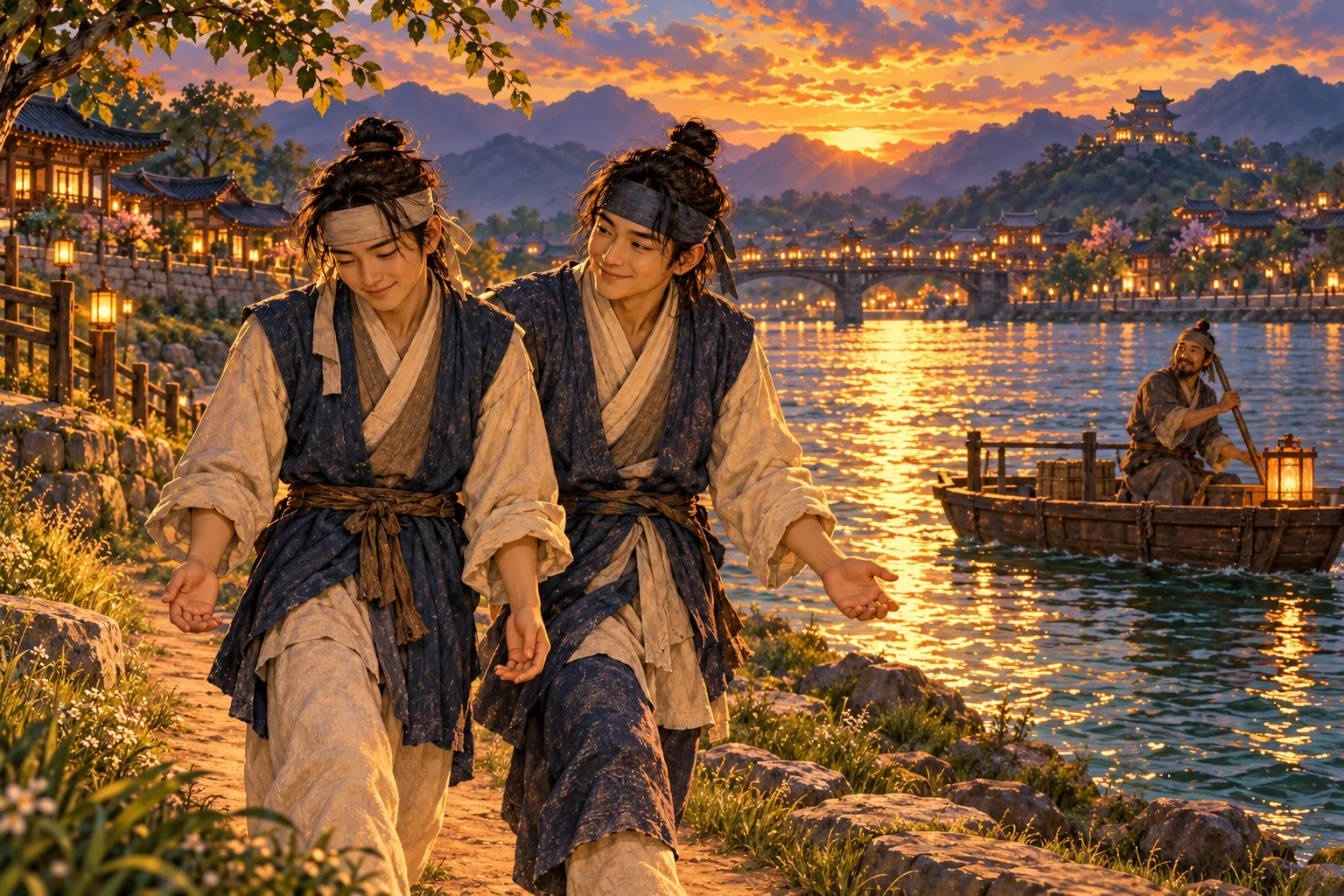 The two brothers walk home along the riverbank at sunset, smiling, as the ferry boat floats behind them