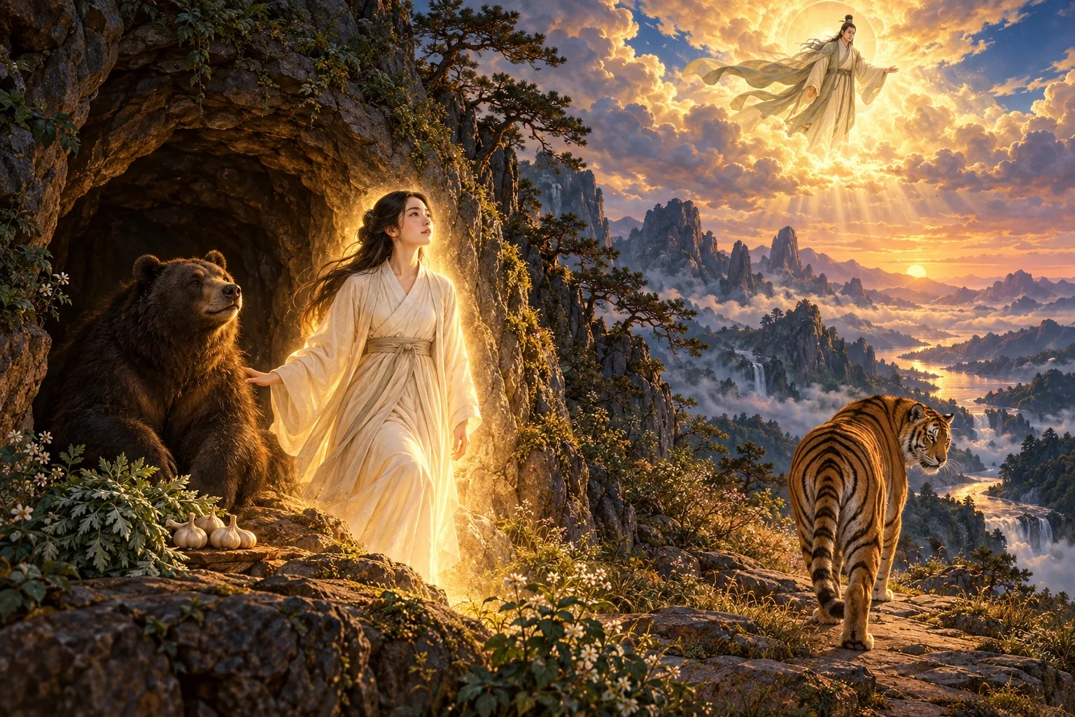 In a dim mountain cave, a bear turning into a young woman kneels beside bundles of mugwort and garlic while a tiger slinks out into the daylight, and a god descends through the clouds above.