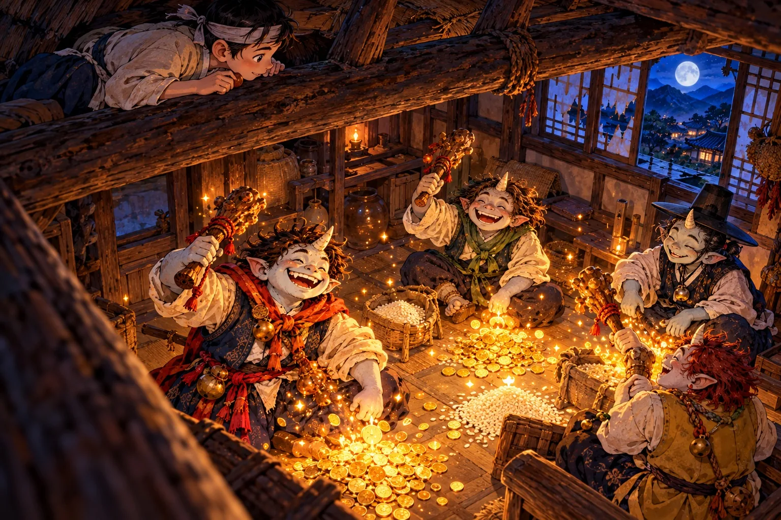 From a beam in the rafters, a boy peers down at a crowd of grinning dokkaebi feasting among heaps of gold coins by lamplight.