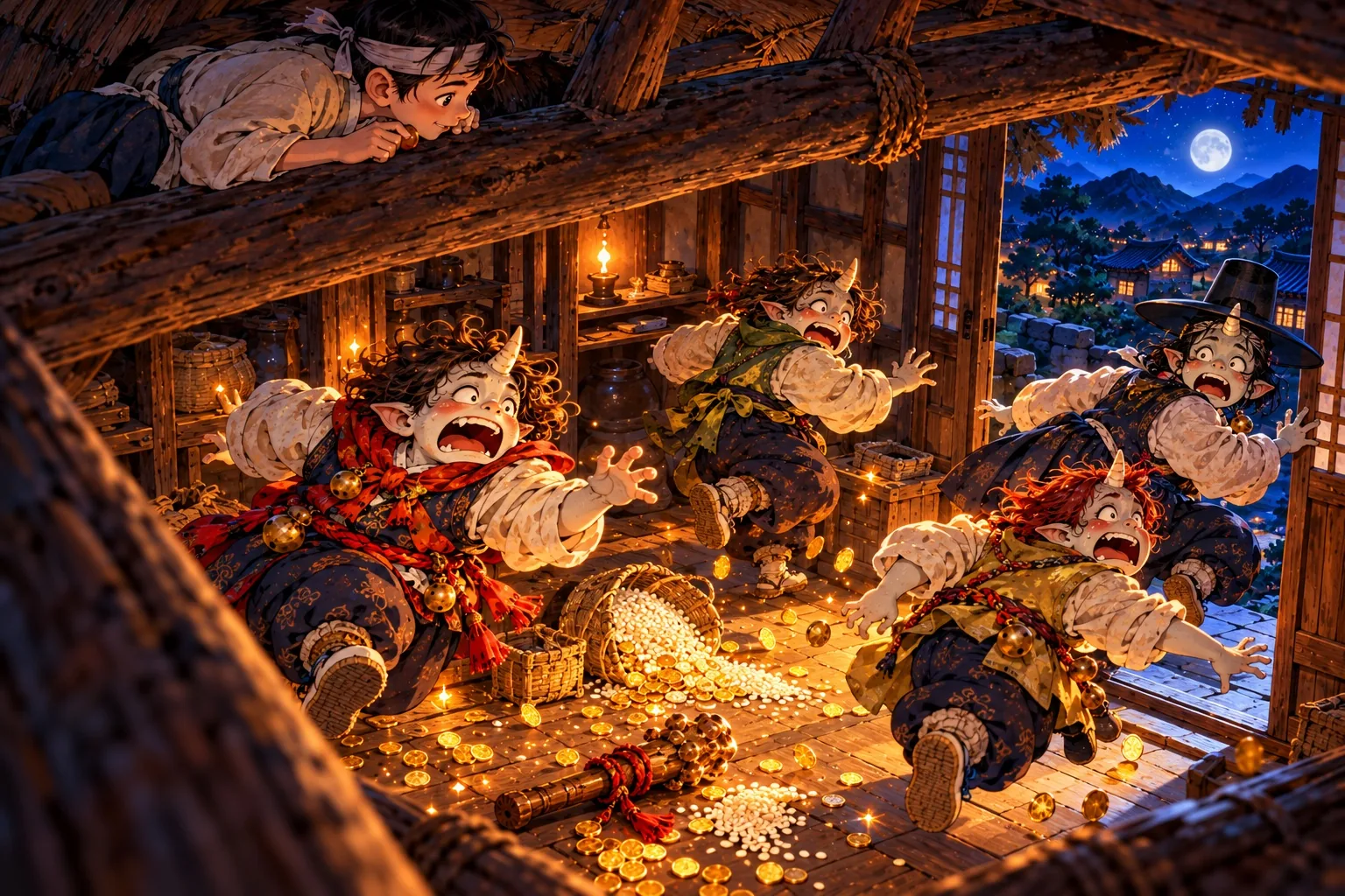 The dokkaebi tumble over each other in panic as they flee the feast, scattering coins and food, while the boy watches from above.