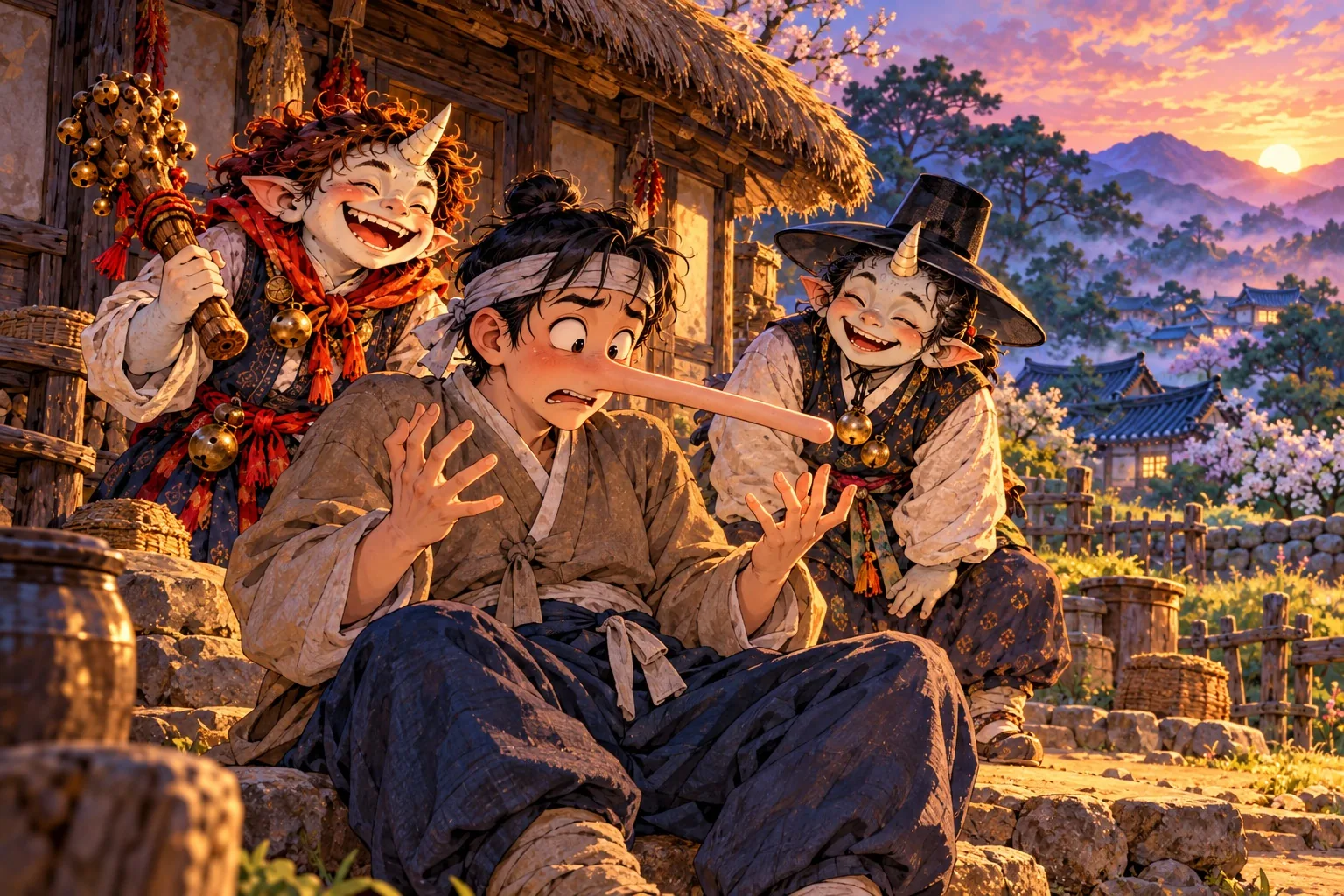 Two laughing dokkaebi tease the greedy elder brother, who stares in horror at his own comically long nose.