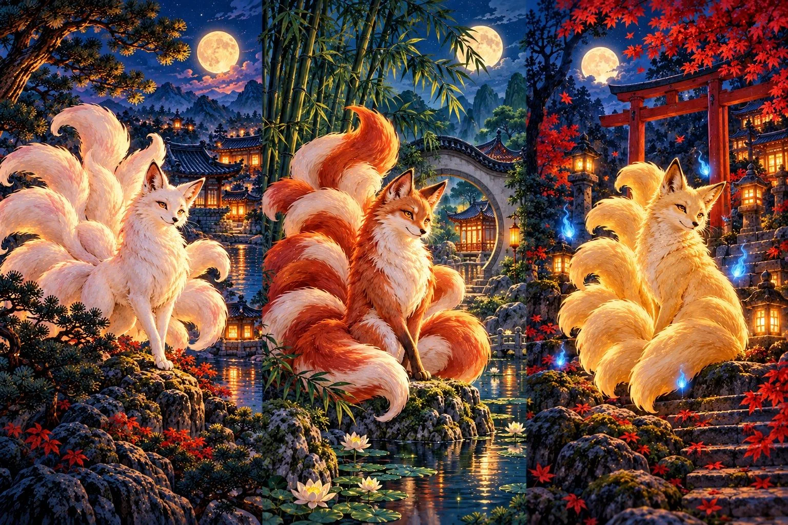 A Korean gumiho, a Chinese huli jing and a Japanese kitsune side by side.