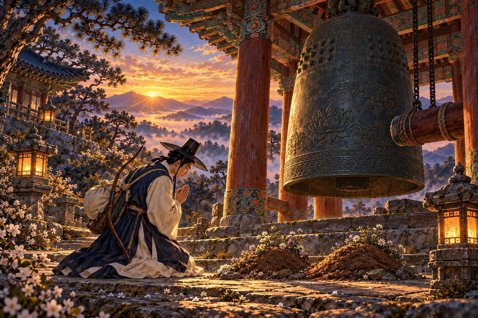 The scholar kneels in prayer beside a small grave at the foot of a great temple bell at dawn