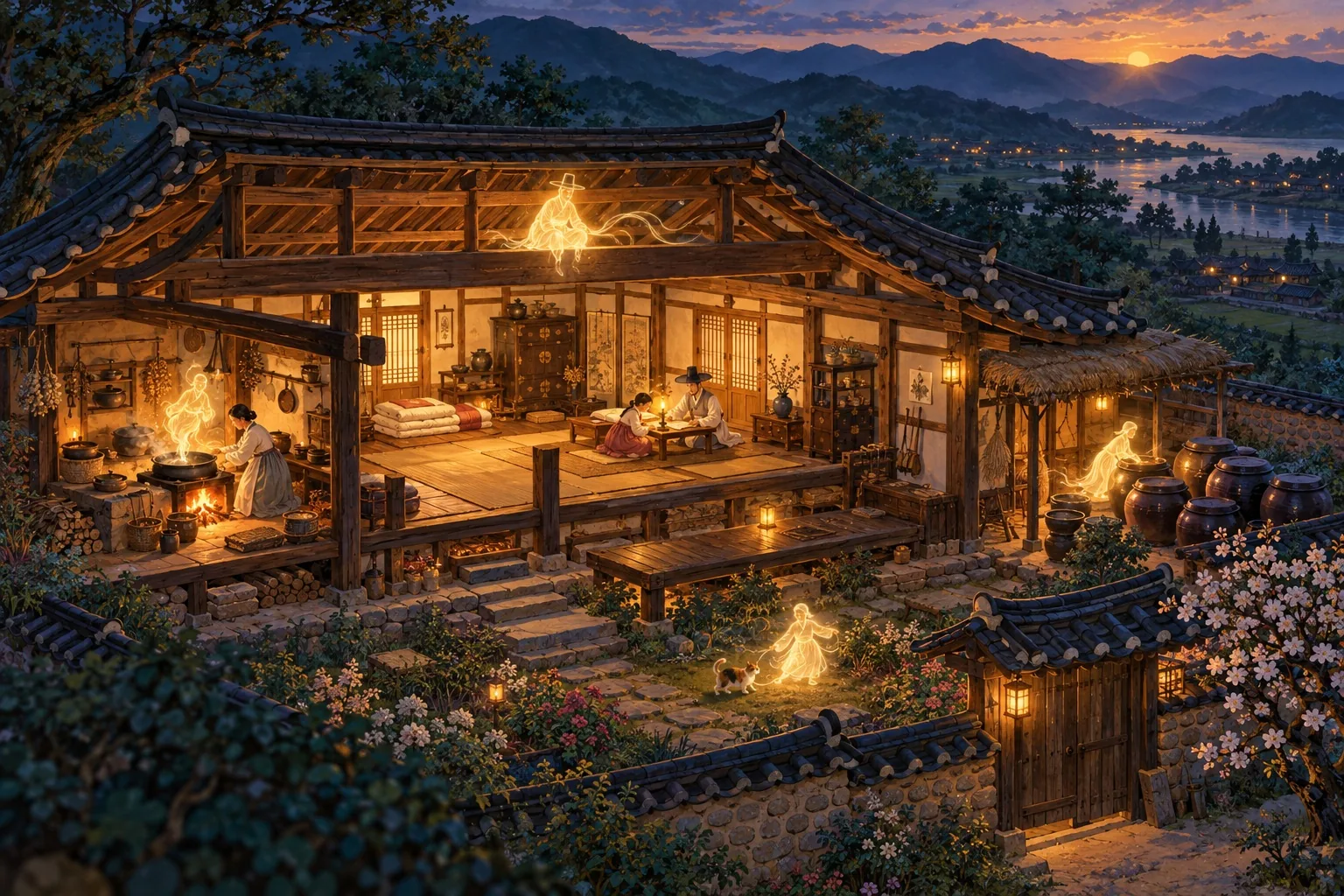 A cutaway hanok with small glowing household spirits in each part of the house.