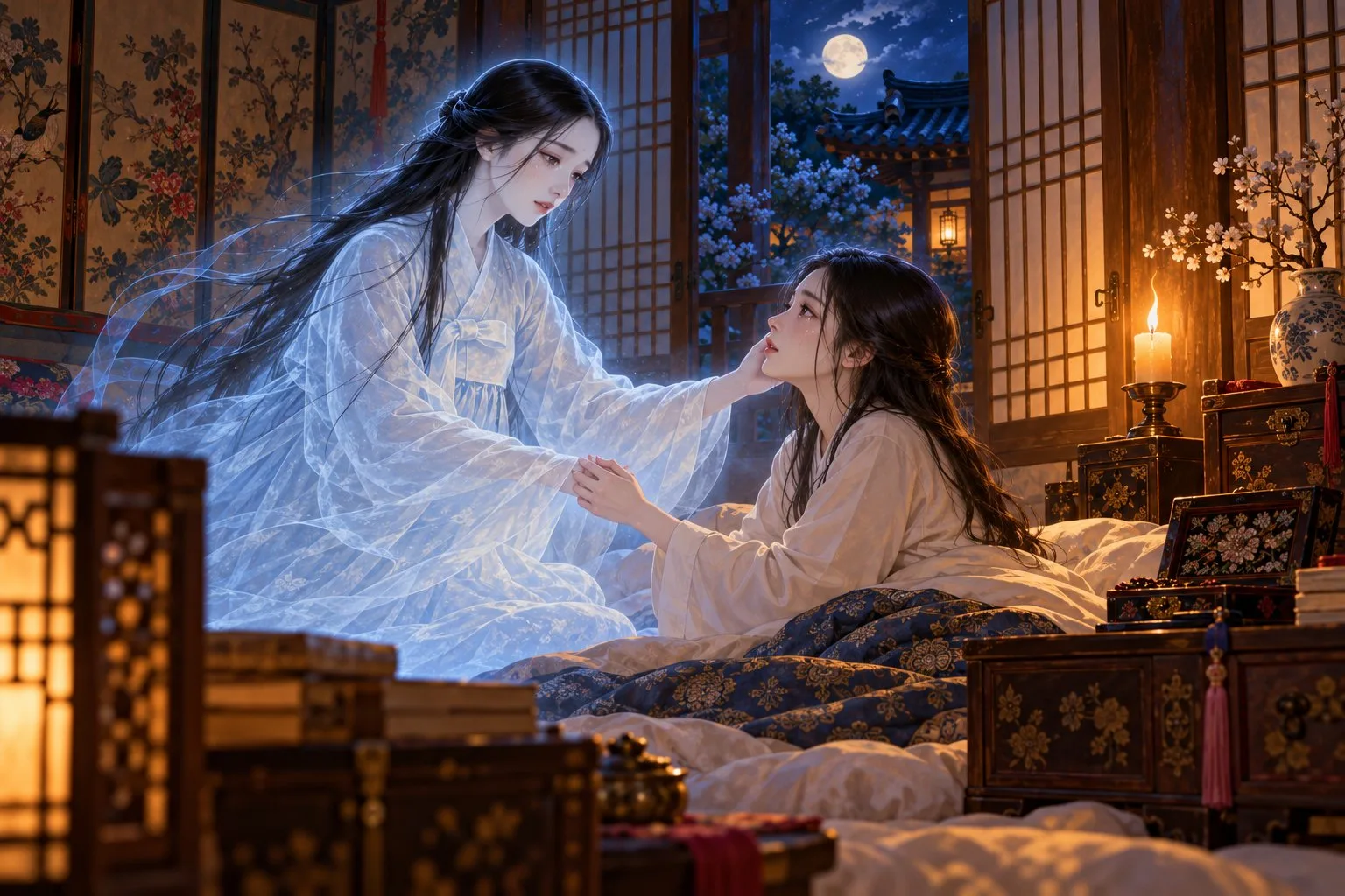 The pale ghost of Janghwa gently touches the face of her sister Hongryeon, who sits up in bed by candlelight