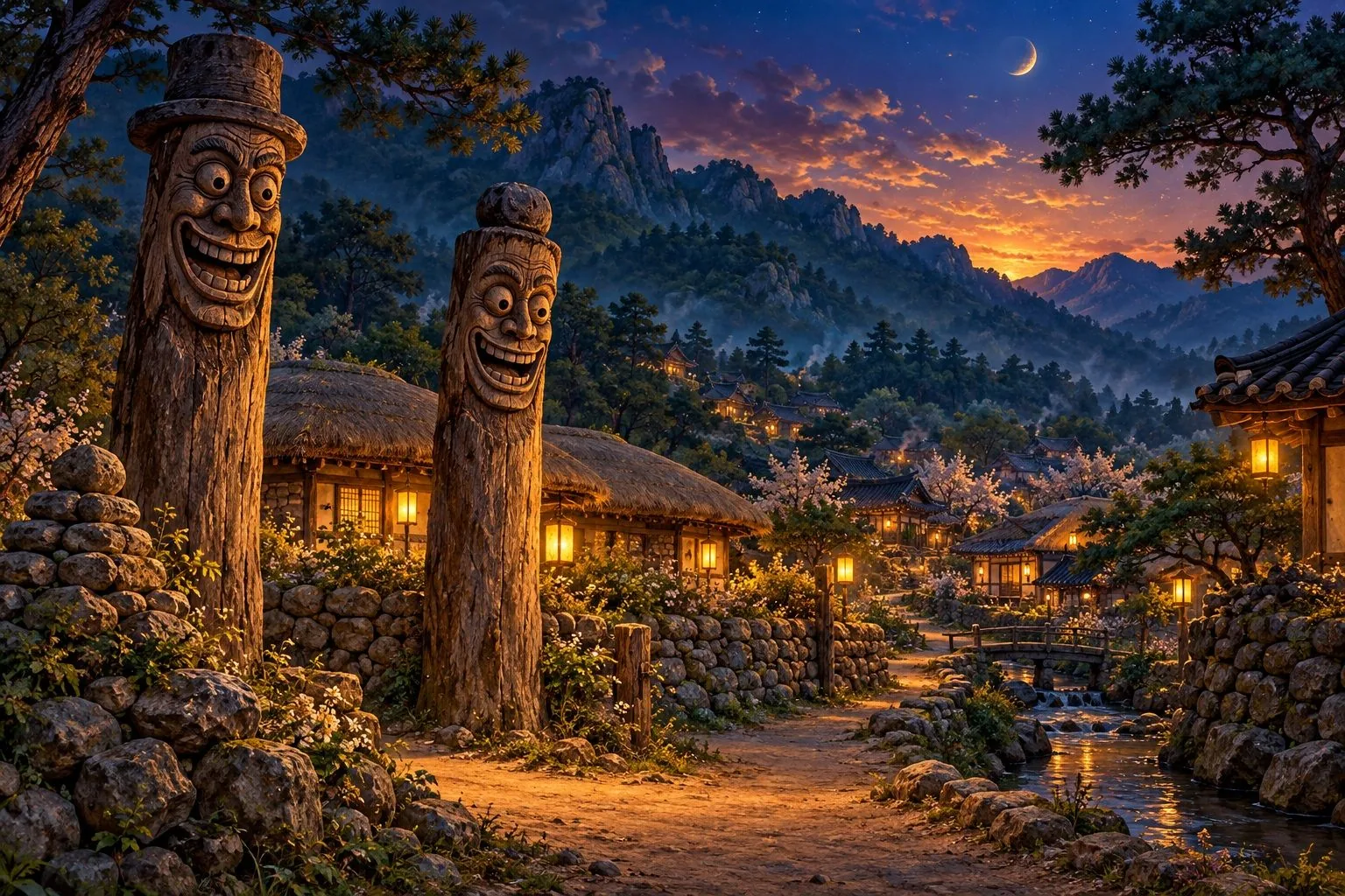 A pair of carved jangseung guardian poles at a village entrance at dusk.