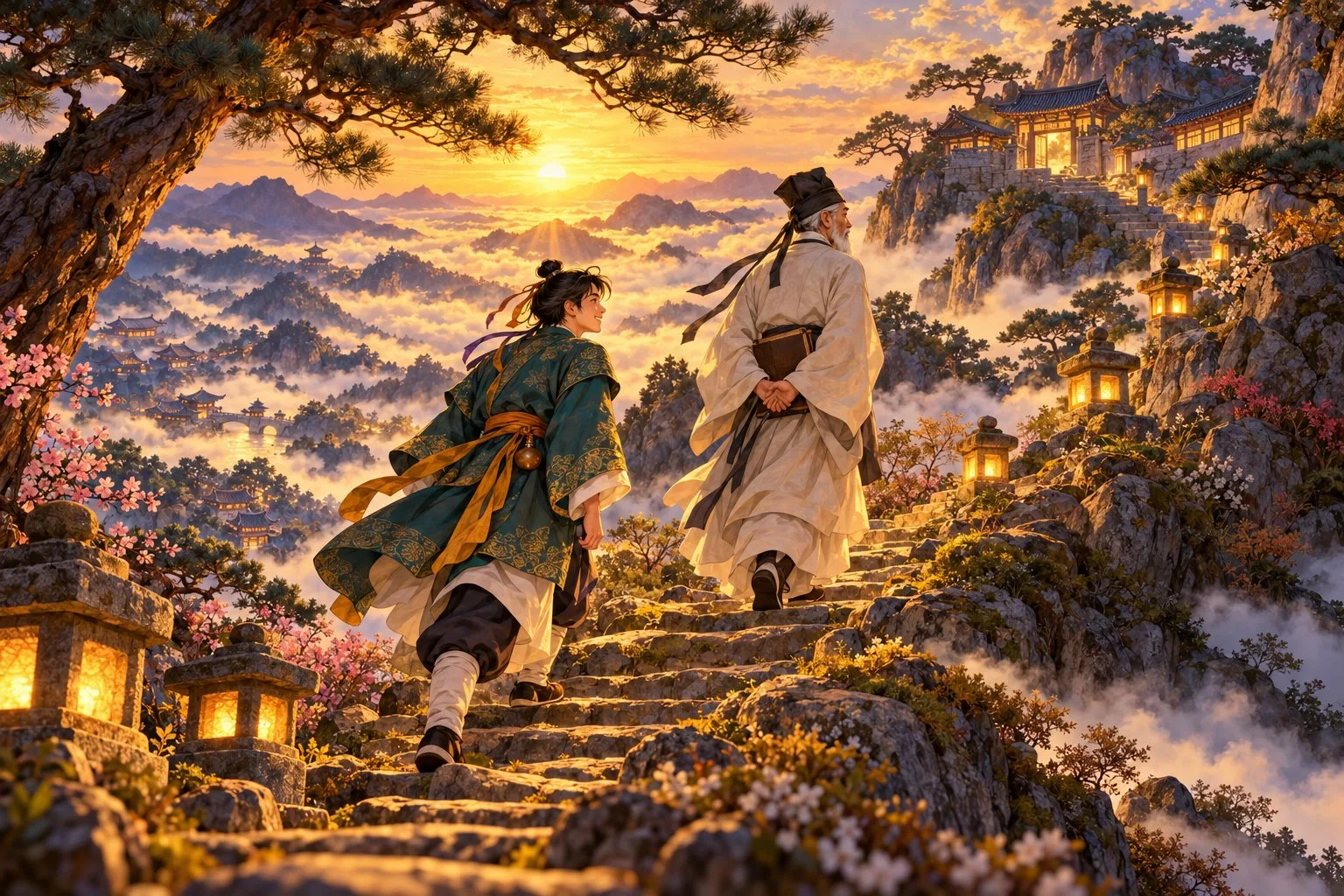 Jeon Woochi follows the old scholar Hwadam up a misty mountain staircase toward the rising sun
