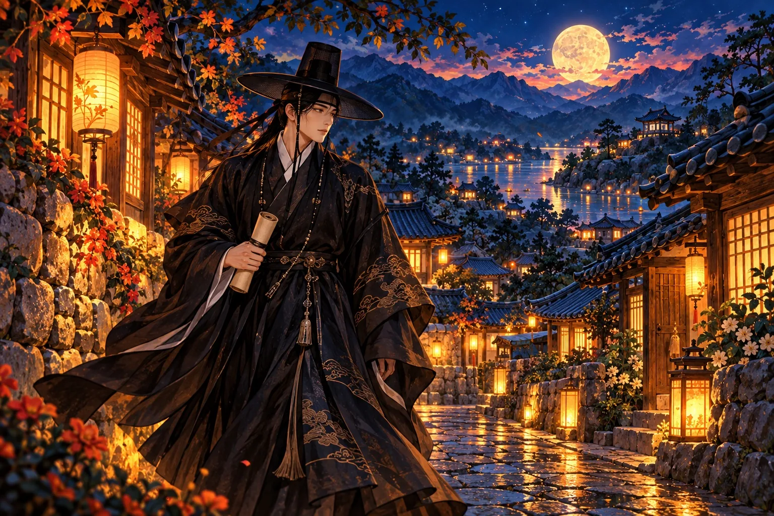 A jeoseung saja in black walking down a lantern-lit village alley at night.