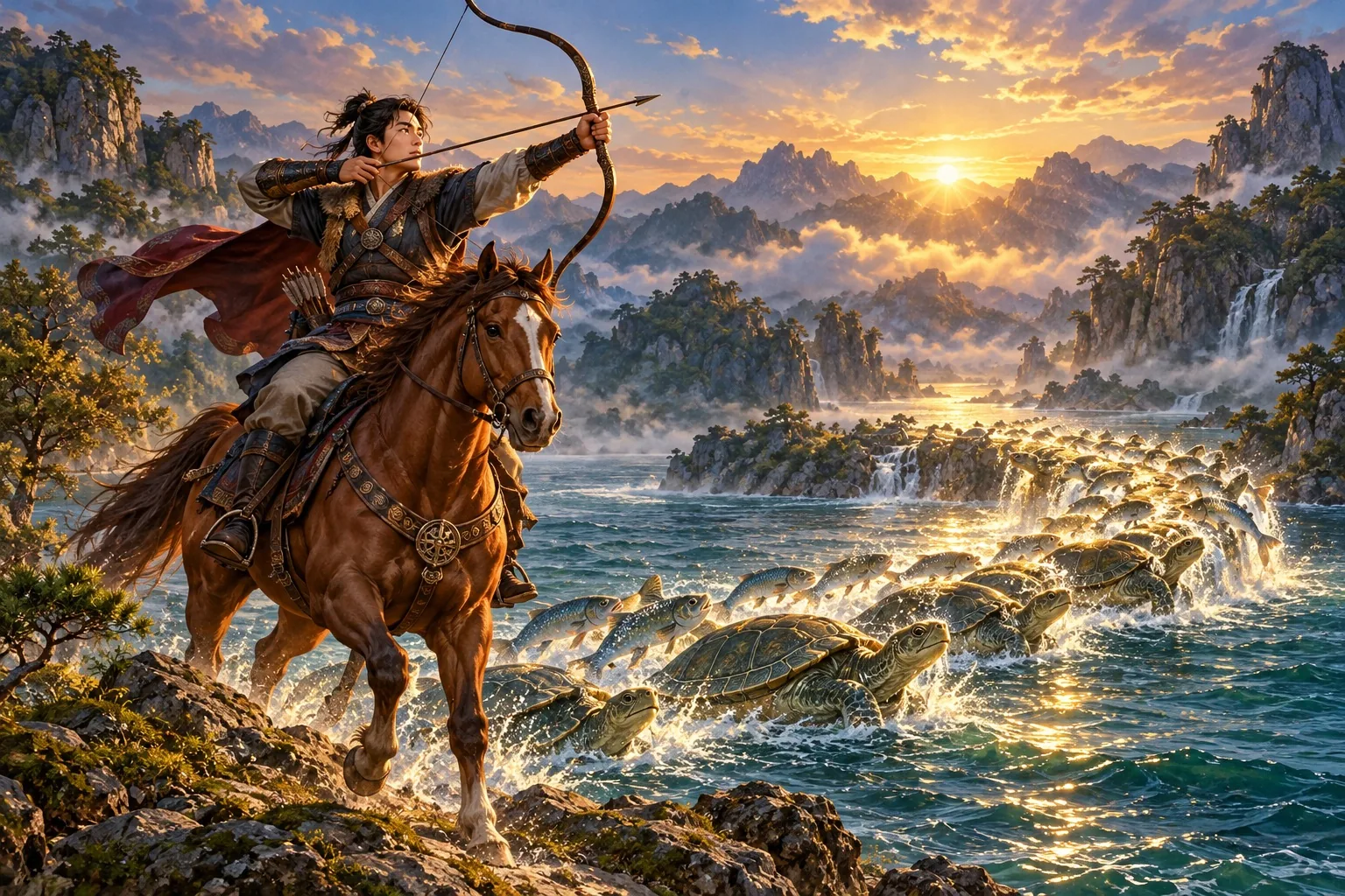 Young Jumong on horseback draws his bow beside a wide river while fish and turtles rise to form a bridge across the water behind him.