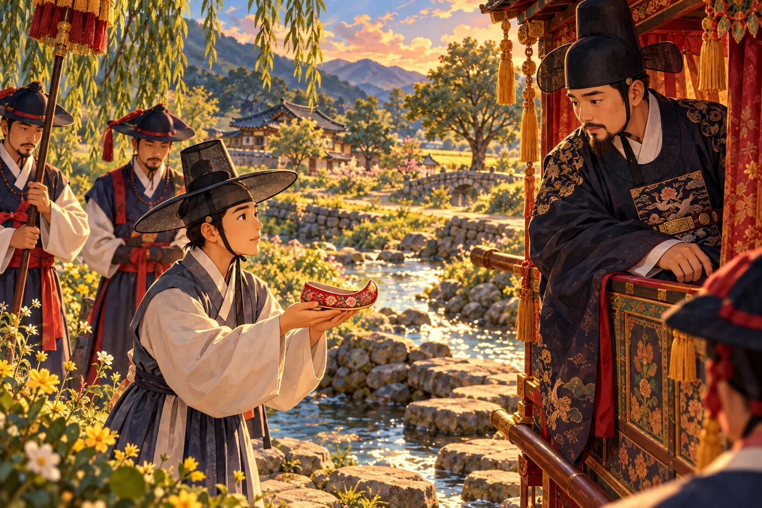 By a stream, an official in a black gat holds up a single embroidered shoe to the governor, who leans out of his palanquin to look at it.