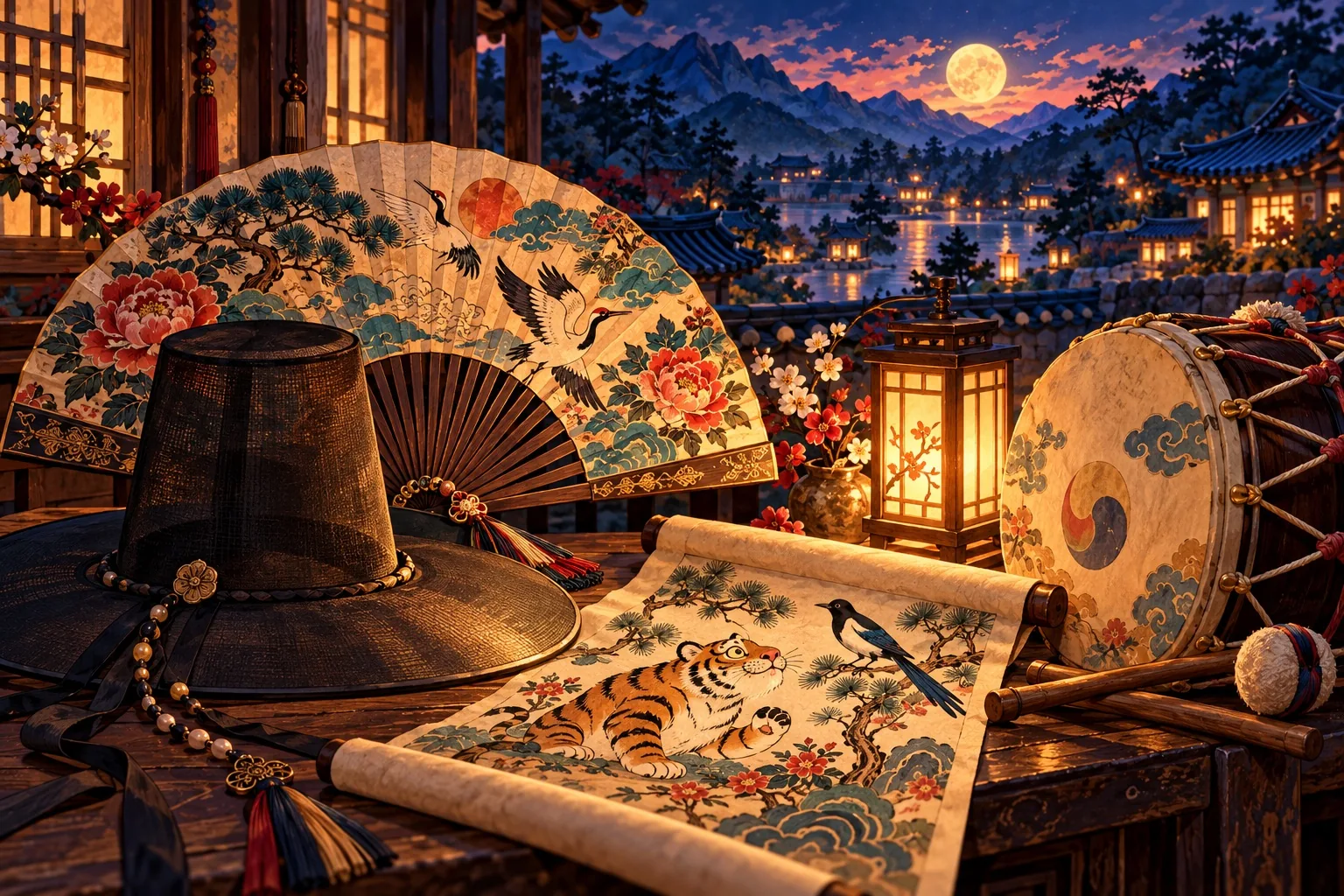 A black gat, a shaman's fan, a drum and a folk-painting tiger and magpie.