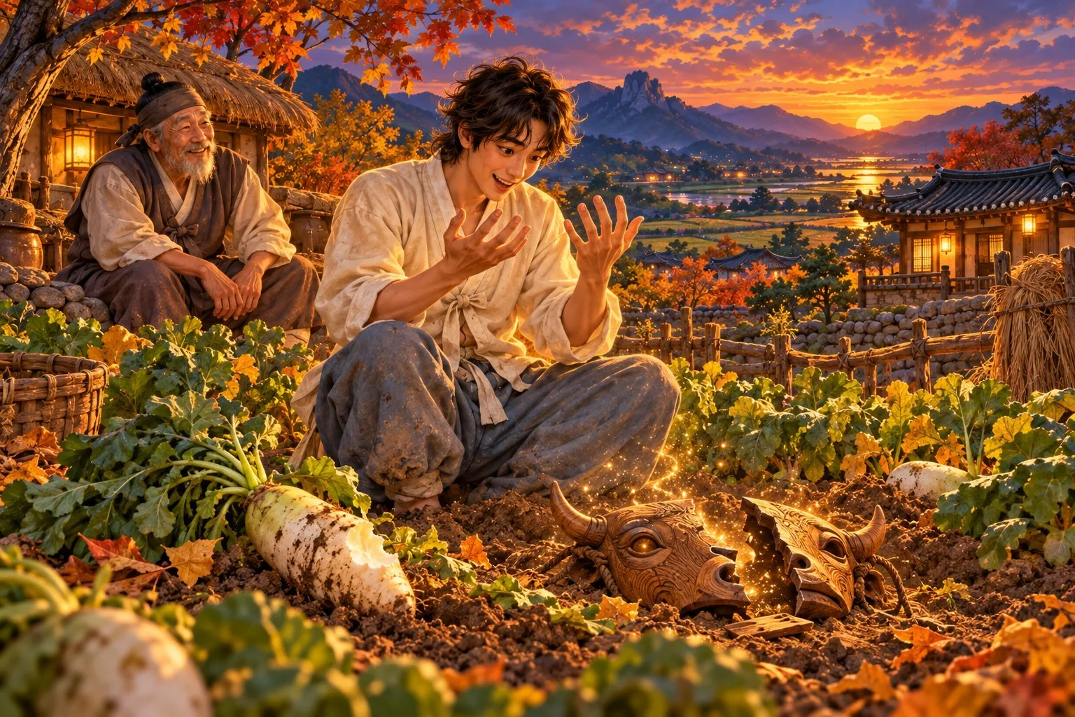 A young man sits laughing in a radish field beside a broken ox mask as an old man watches with a smile