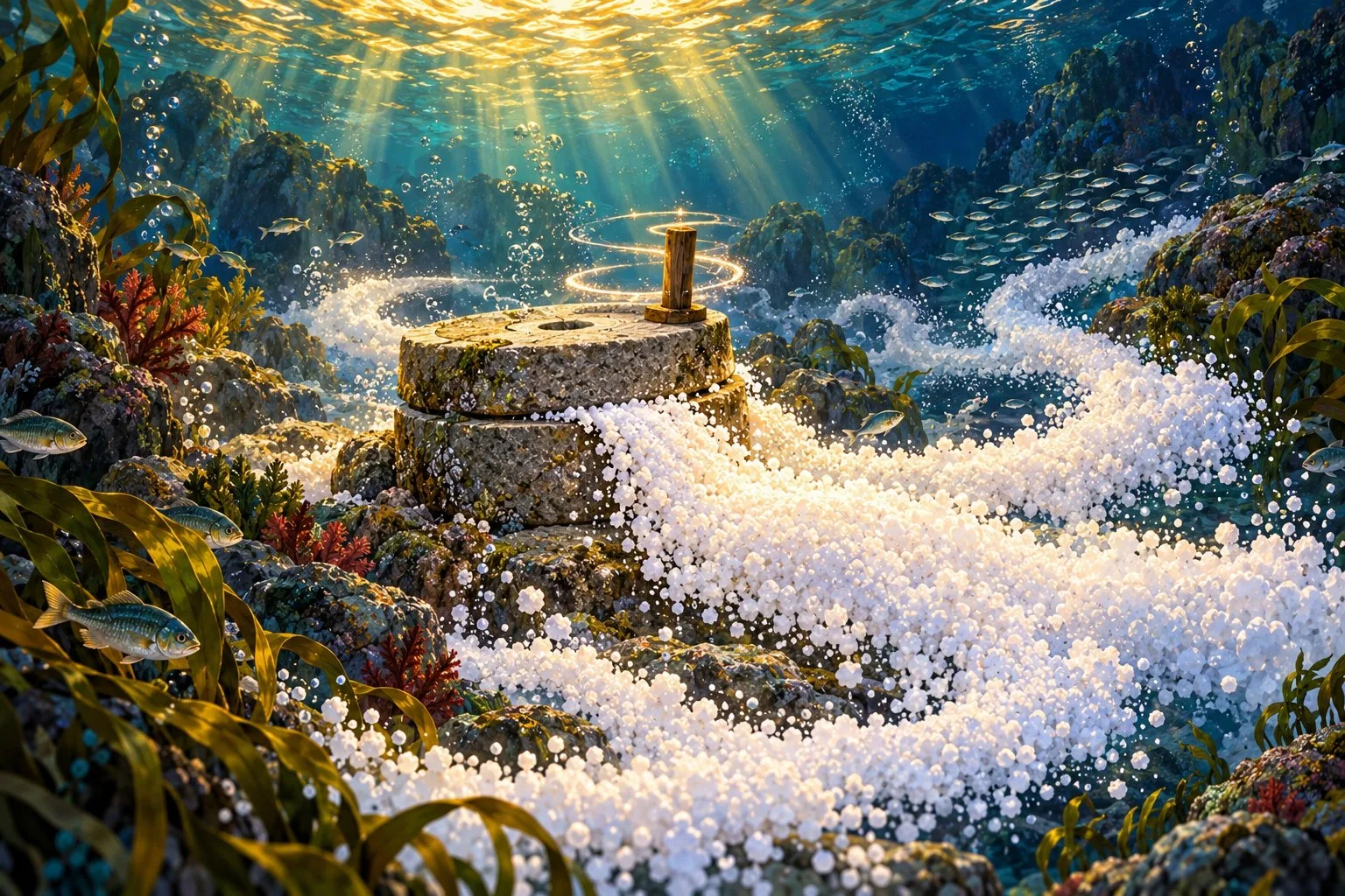 The magic millstone sits on the sandy seabed, still pouring out a river of white salt among fish and seaweed