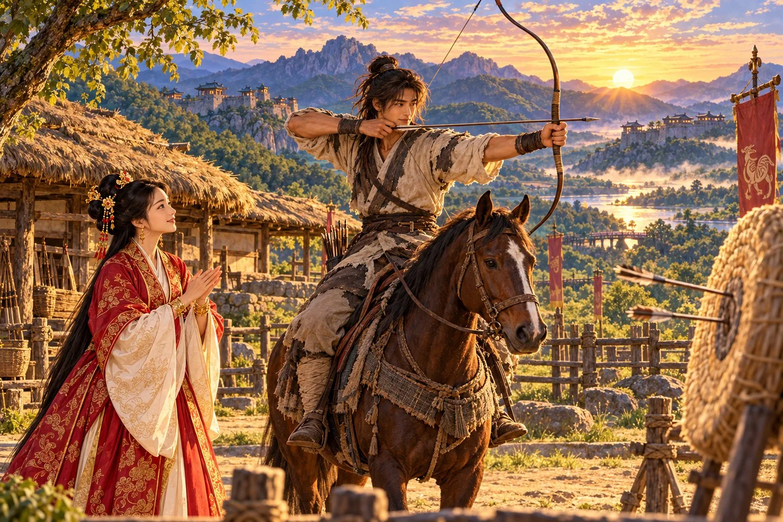 Princess Pyeonggang watches proudly as Ondal, on horseback, draws a bow at a straw target outside their hut