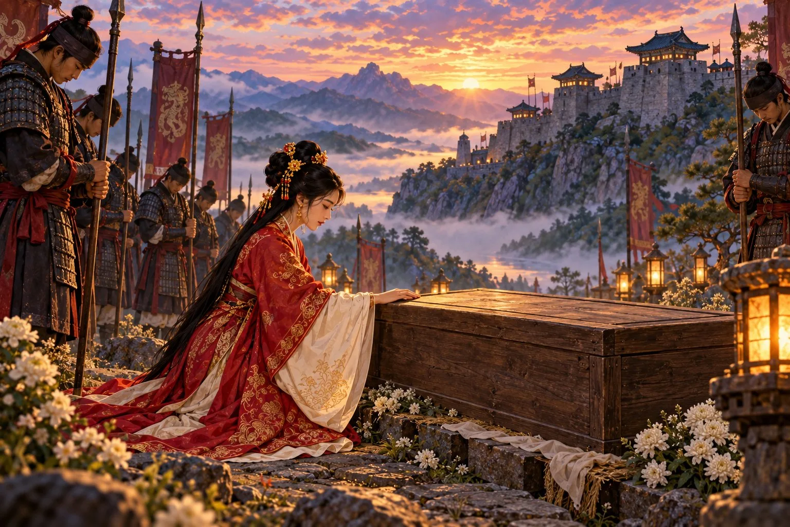 Princess Pyeonggang kneels with her hand on Ondal's coffin below a fortress as soldiers stand with bowed heads