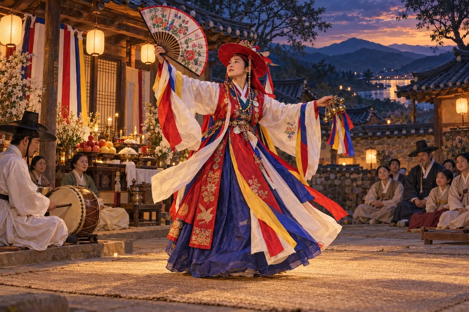 A mudang shaman dancing with a fan and bells at a gut ritual.