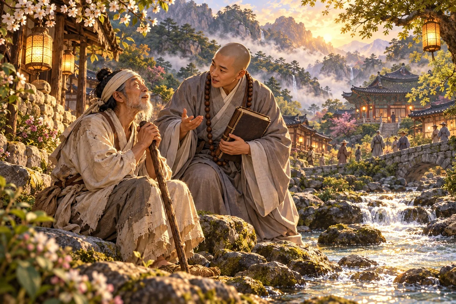 A Buddhist monk speaks gently to blind Shim Hak-gyu, who sits on a rock by a stream with his staff