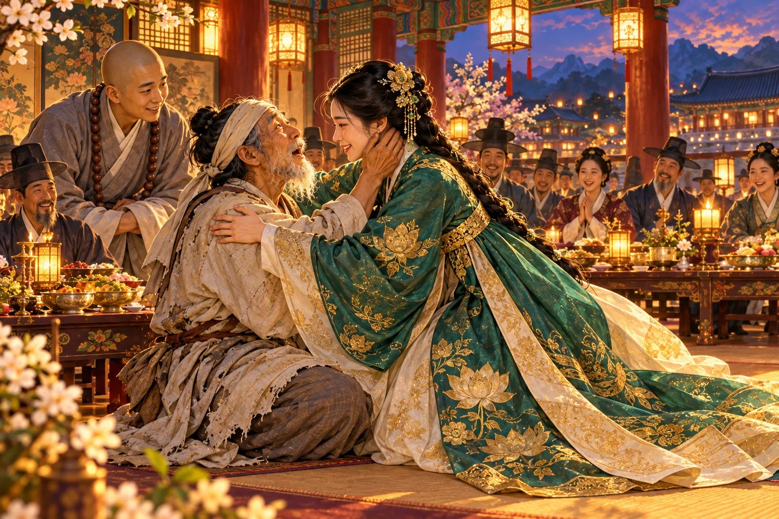 Queen Cheong in a green robe embraces her weeping father at the palace feast as guests look on