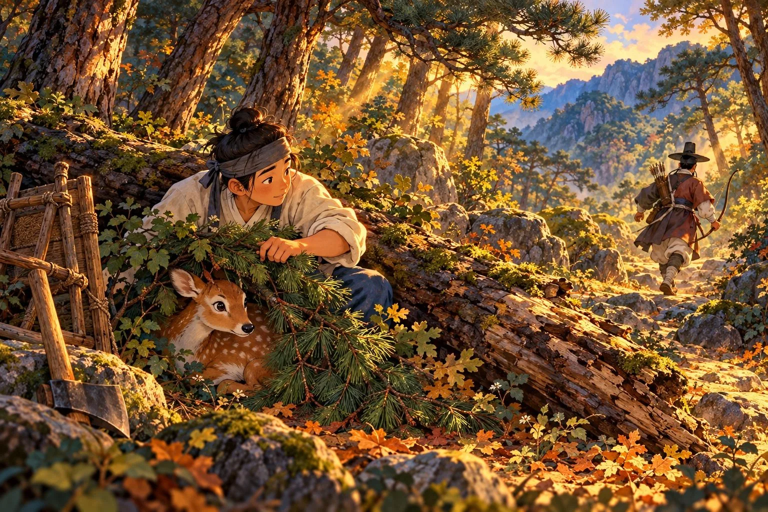 The woodcutter crouches over a fawn hidden under a heap of brushwood while a hunter with a bow searches through the trees behind him.