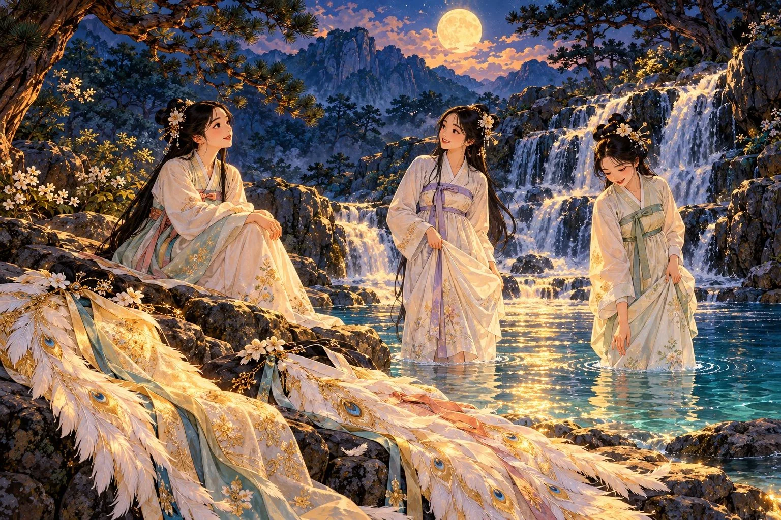 Three heavenly maidens in white robes bathe in a moonlit mountain pool beneath a waterfall, their feathered robes laid on the rocks.
