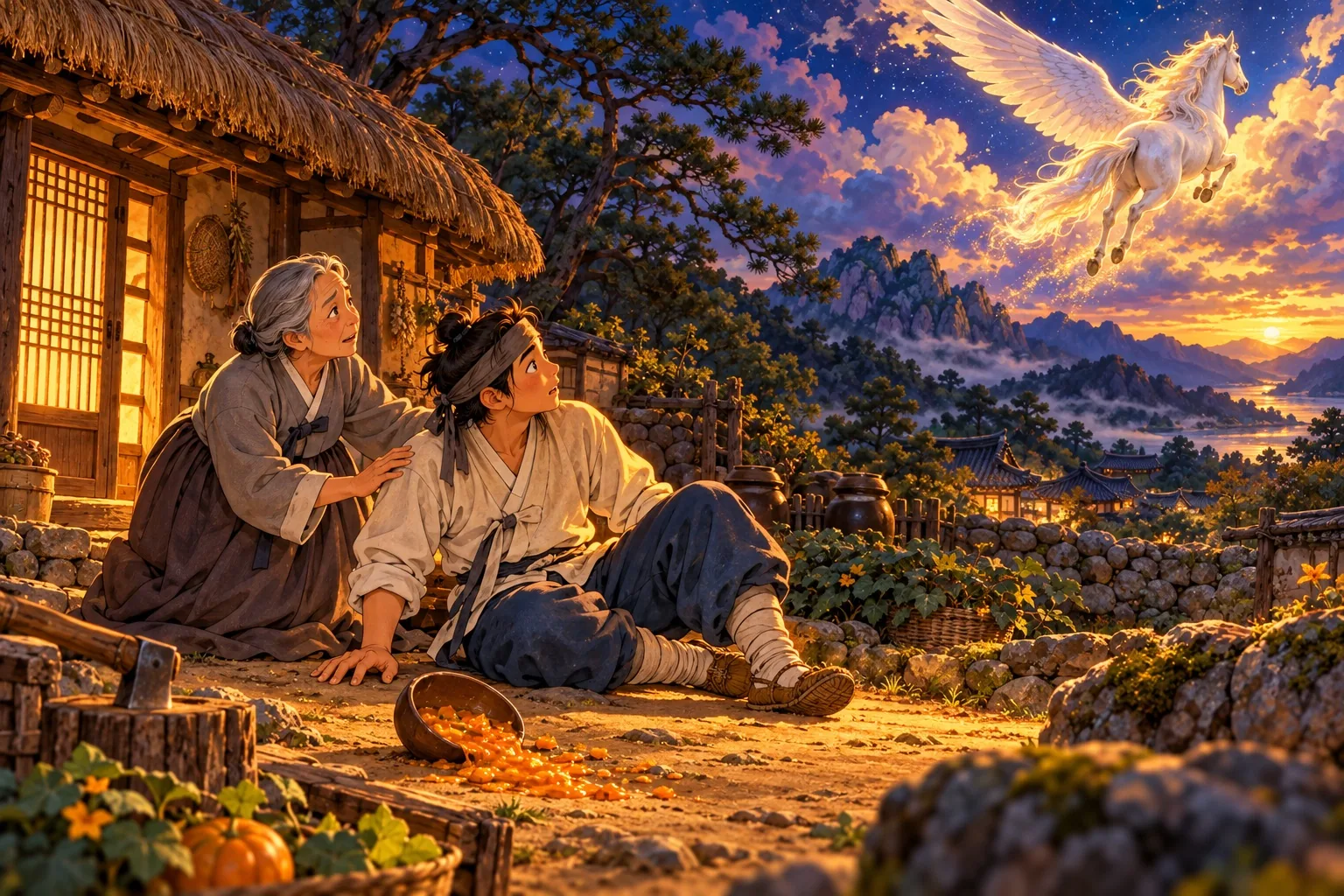 The woodcutter sits fallen on the ground beside a spilled bowl of porridge while his mother reaches for him and a white winged horse flies away into the evening sky.