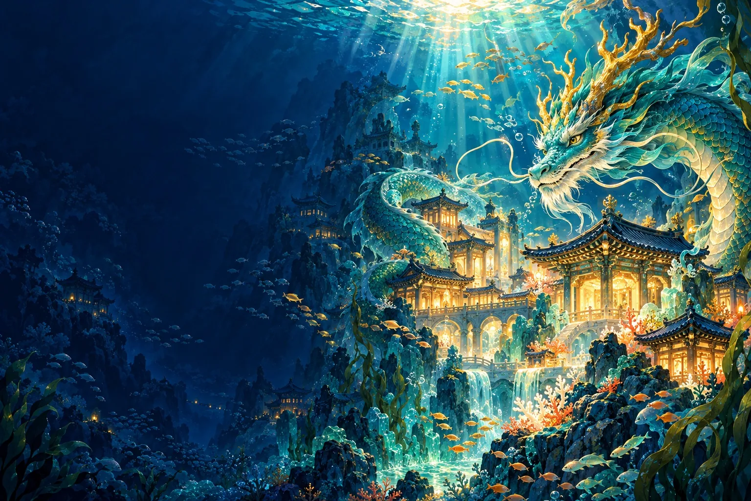 A jade dragon coiled above a glowing palace at the bottom of the sea.