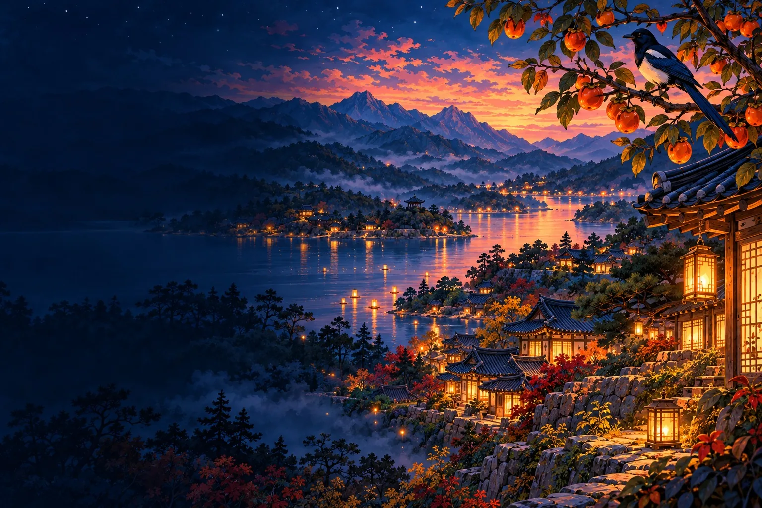 A magpie in a persimmon tree above a lakeside Korean village at twilight.