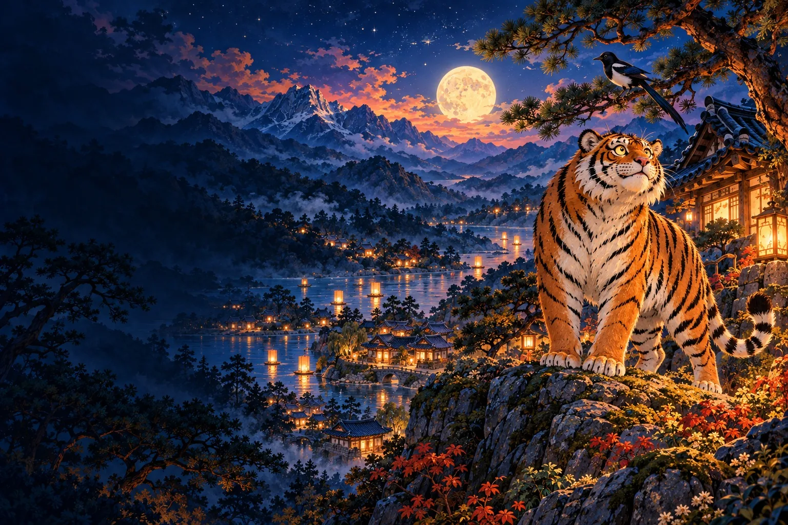 A tiger standing on a rock beneath a pine tree in the moonlit Korean mountains.