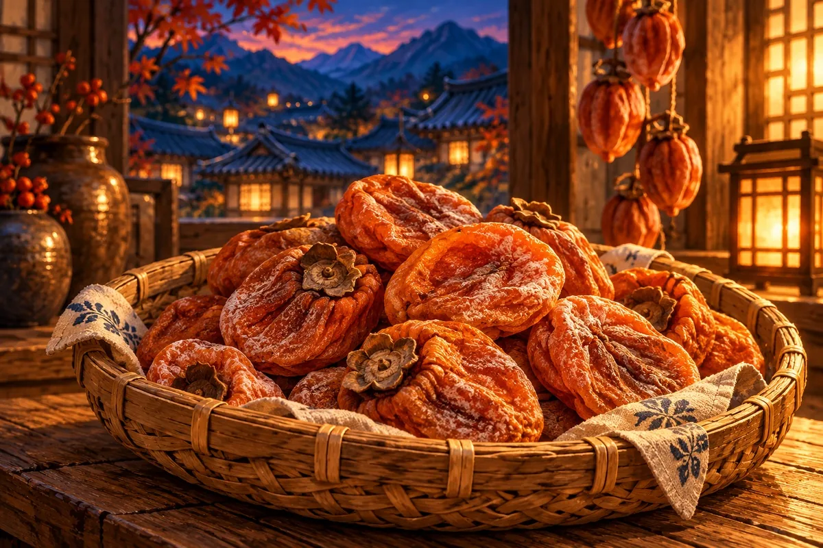 A woven basket of dried persimmons, with strings of persimmons drying under the eaves behind