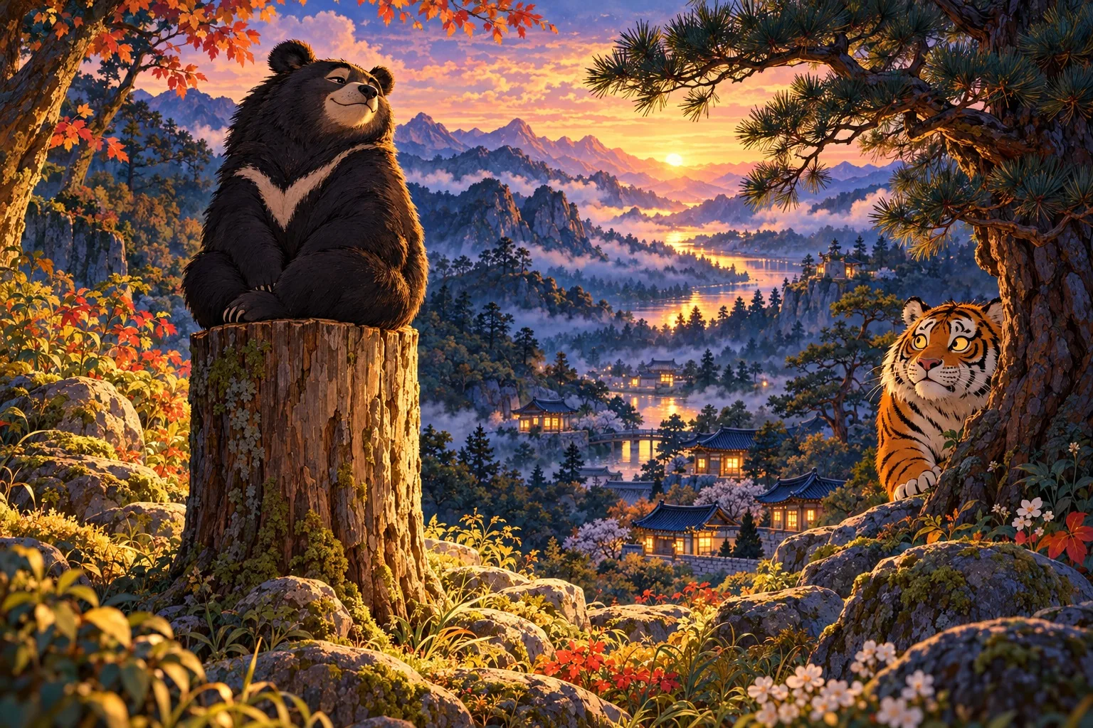 A bear sits on top of an old tree trunk in the autumn mountains while the tiger watches nervously from behind a rock.