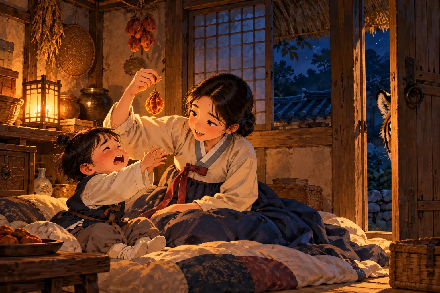 By lamplight, the eldest sister holds up a dried persimmon for her crying baby brother, while a tiger peers in from the dark doorway.