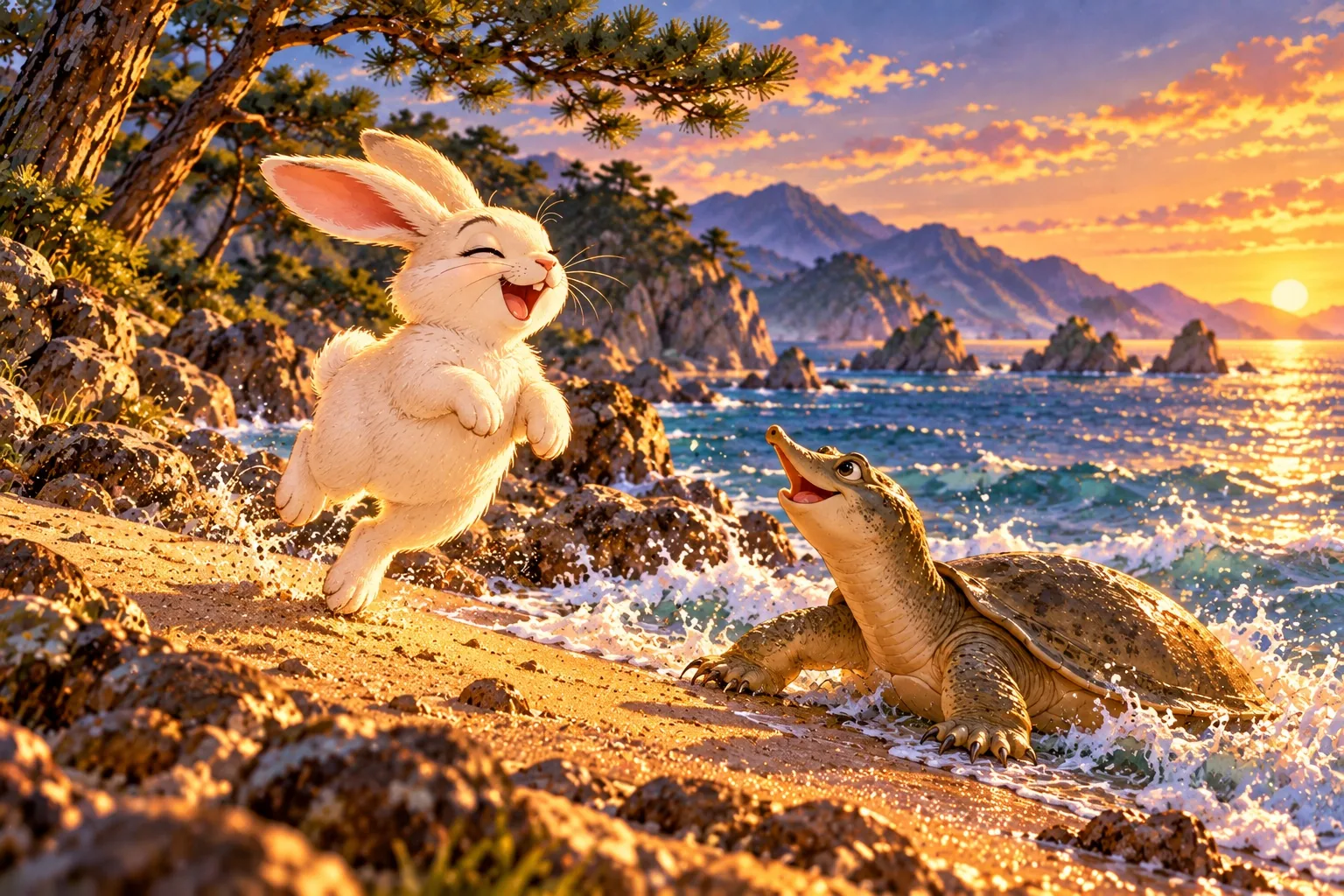 The white rabbit bounds away across the beach, laughing, while the turtle gapes after him from the surf.