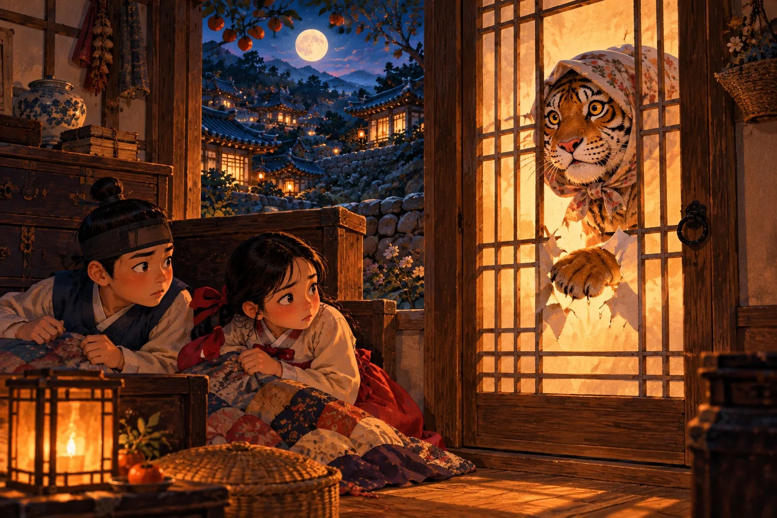 A tiger wearing the mother's headscarf pushes a striped paw through a hole in the paper door while the brother and sister huddle inside.
