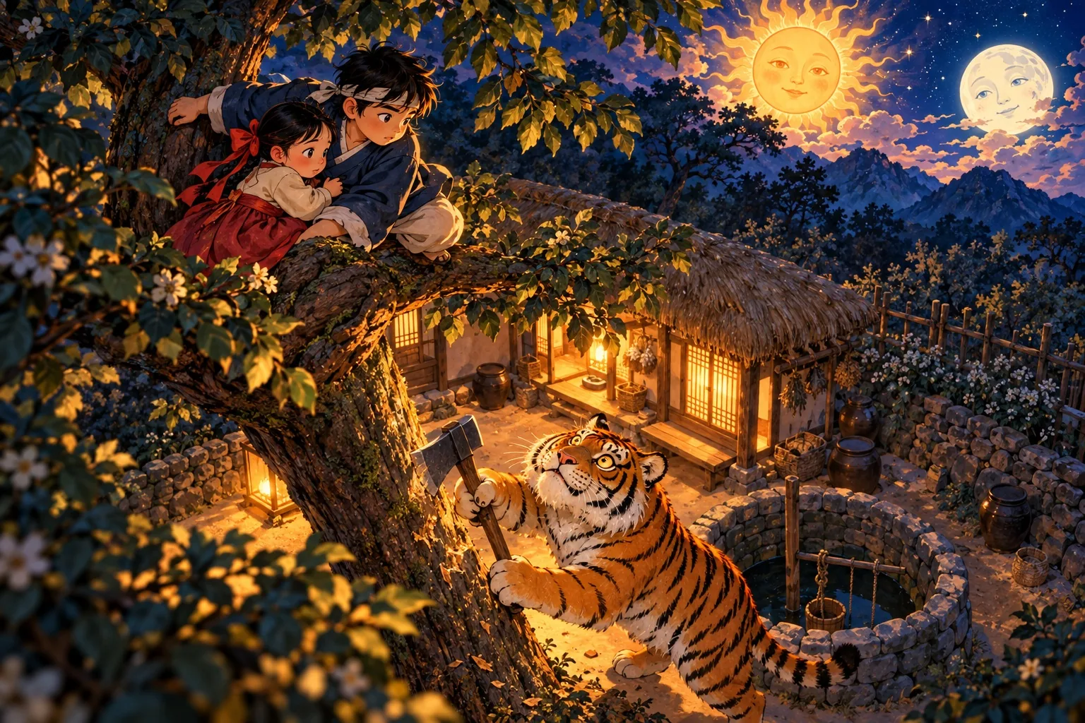 The brother and sister cling to a high branch above the well while the tiger climbs the trunk below with an axe.
