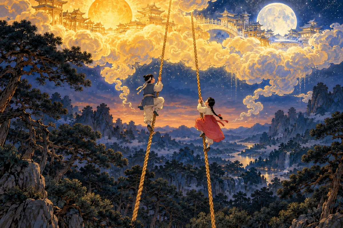 A strong new rope carries the brother and sister up into the sky.