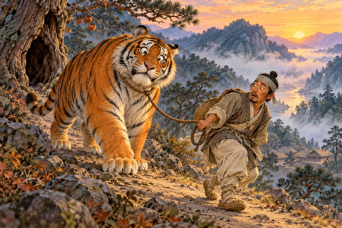 At dawn, the thief looks over his shoulder and finds a tiger on the end of his rope.